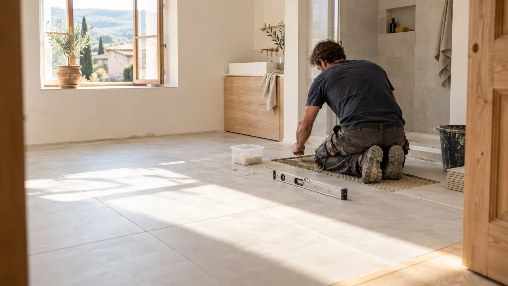 Un artisan de dos pose un carrelage clair dans une salle de bain en rénovation, lumière du matin