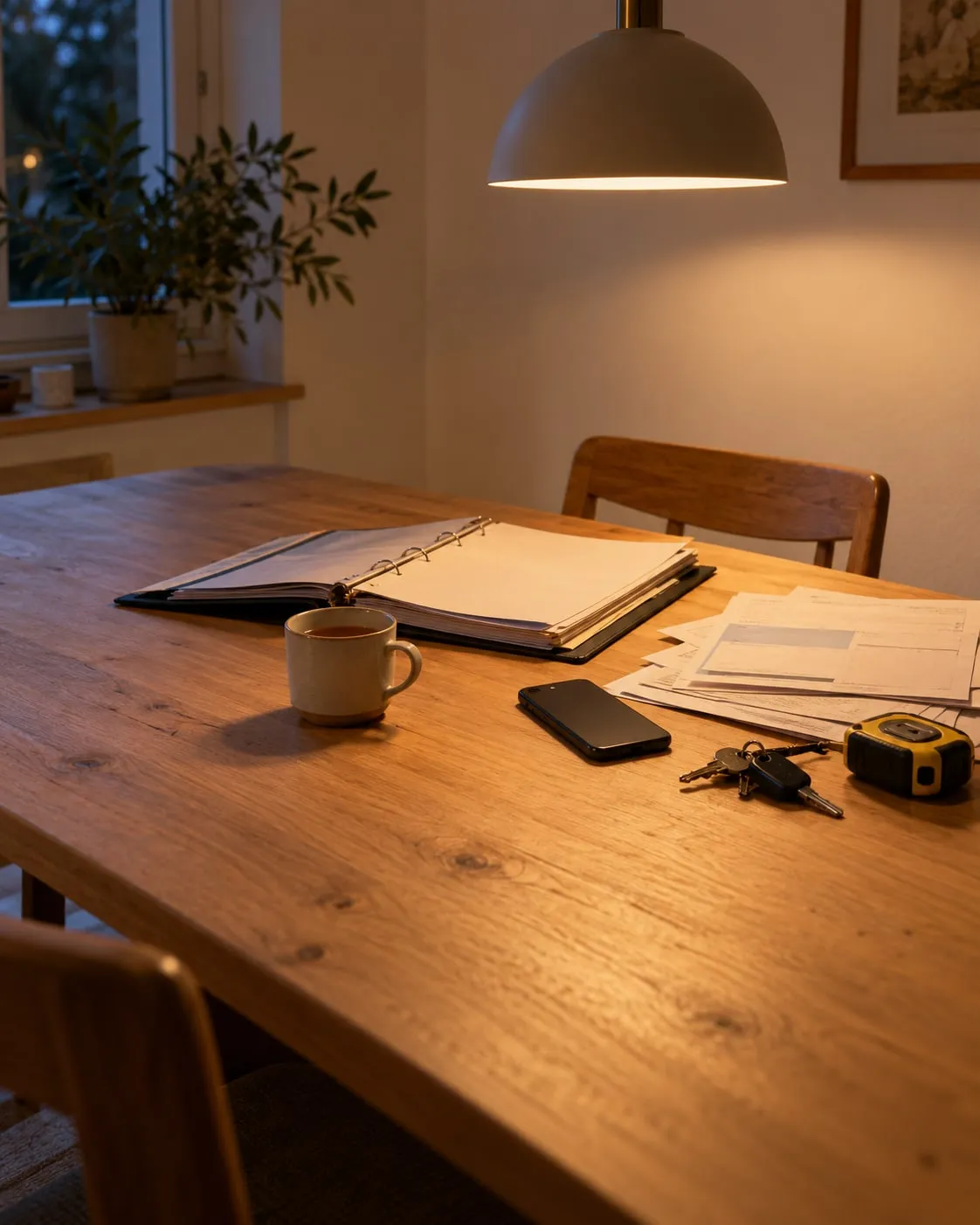 Une table de cuisine le soir : un classeur ouvert, des devis papier, un téléphone et des clés de camionnette sous une lampe
